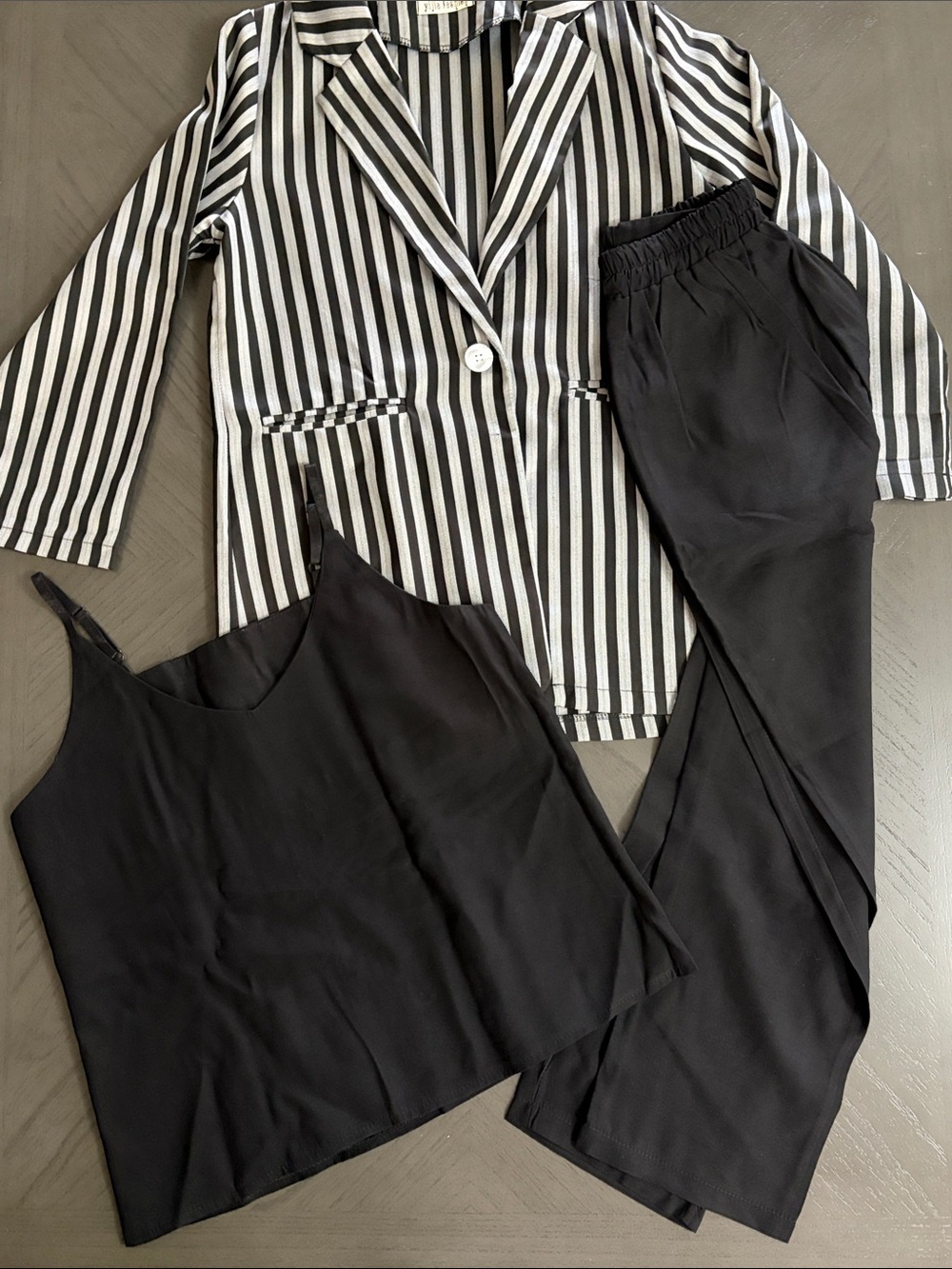 Women's Black Tank & Jogger Set with Black-and-White Stripe Blazer